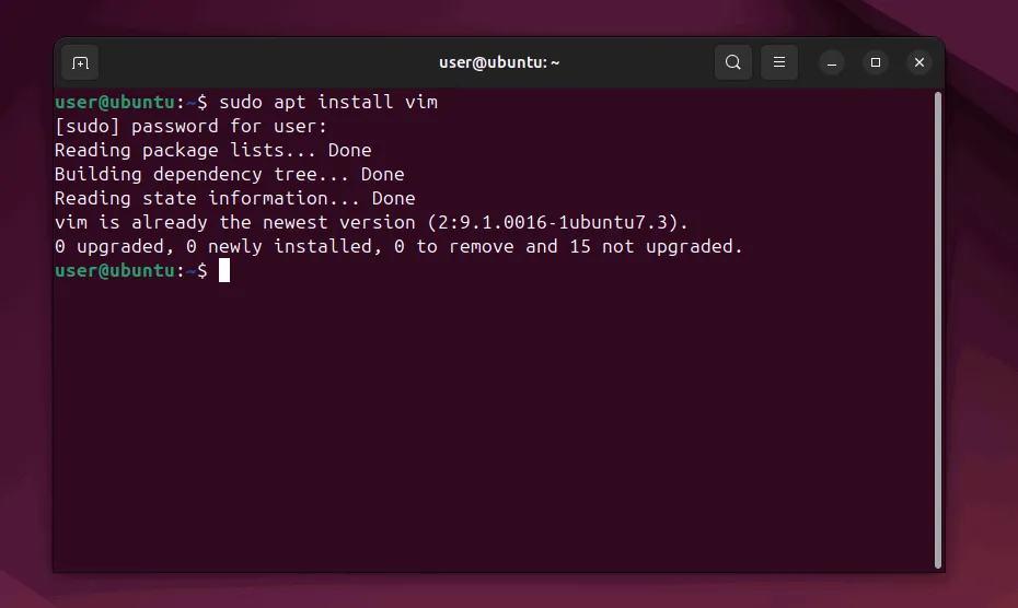 Установка Vim в терминале Ubuntu.